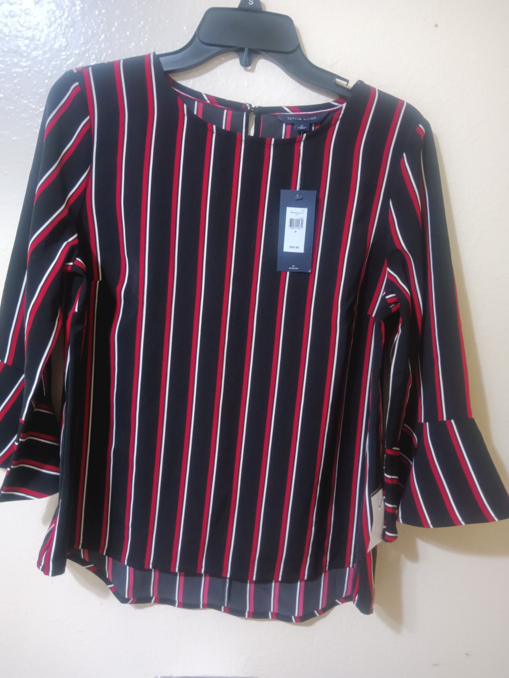 Women’s Black Striped Blouse with Red & White Accents Tommy Hilfiger Saze M.